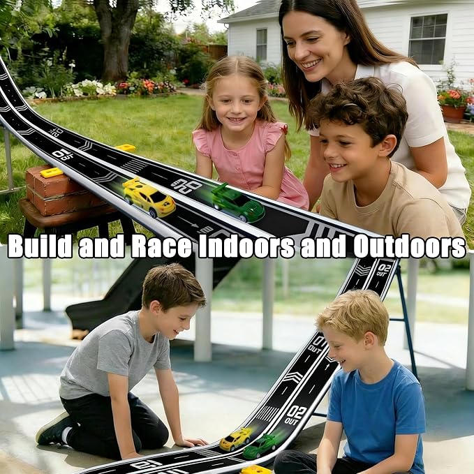 16.4Ft Flexible Race Track for Kids Ages 3+, Patterned Dual-Lane Roll Up Race Track Set with 4 Toy Cars & Suction Cups, Compatible with 1/64 Diecast Cars, Portable DIY Racing Toy (Black)
