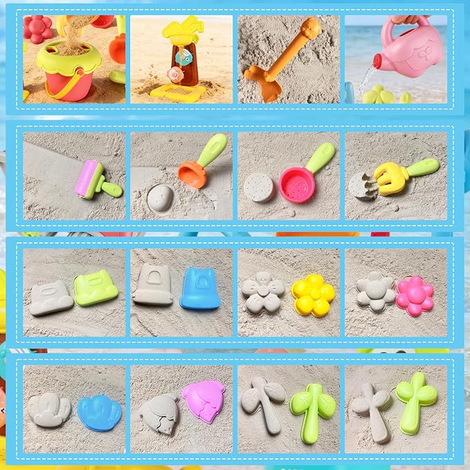 IOKUKI Sand Toys with Mesh Bag Including Sand Water Wheel, Beach Buckets, Shovels, Rakes, Molds, Outdoor Beach Toys Tool Kit for Kids, Toddlers, Boys and Girls (17 PCS) Age 3+