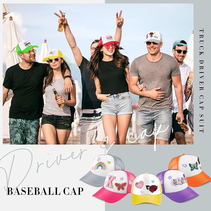 Hercicy 12 Pack DIY Trucker Hats Kit, Sublimation Blank Baseball Caps with 120 pcs Embroidered Patches DIY Craft for Party (Classic,Colorful)