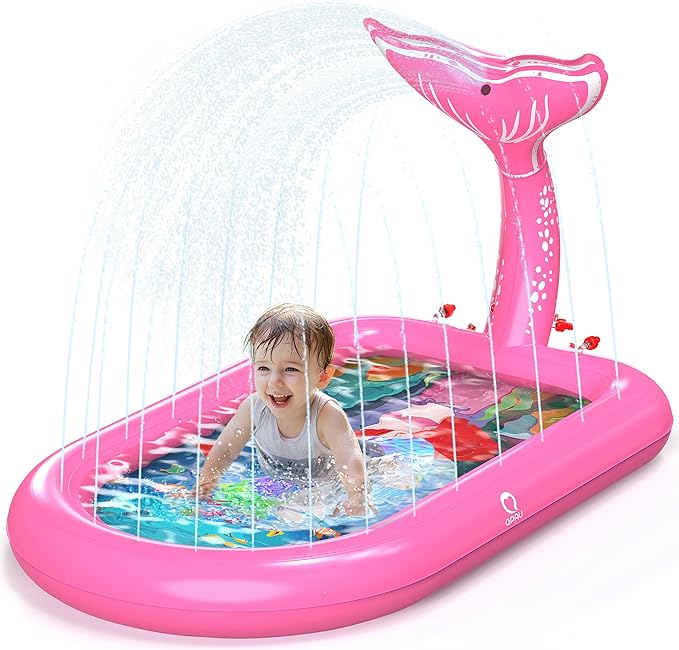 QPAU Splash Pads for Toddlers 1-3, Pink Mermaid Toy Splash Pad for Kids, Outdoor Play Mat for Babies, Inflatable Pool for Birthday Girl Gifts 1 Year Old Girl