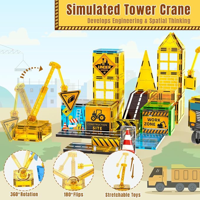 SKTMYY Magnetic Tiles for Kids, Construction Toys with Crane Road Truck Magnets Building Blocks Gifts for Kids Ages 3-5 4-8 Montessori Preschool Educational STEM Toy Gifts for 3+ Years Old Boys
