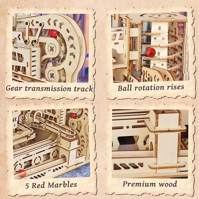 3D Wooden Puzzles Marble Run Model Building Kit, 372PCS DIY City Mechanical Track, Creative Wood Craft Puzzle with Red Marbles, Educational Hobby Gift for Adults & Teens