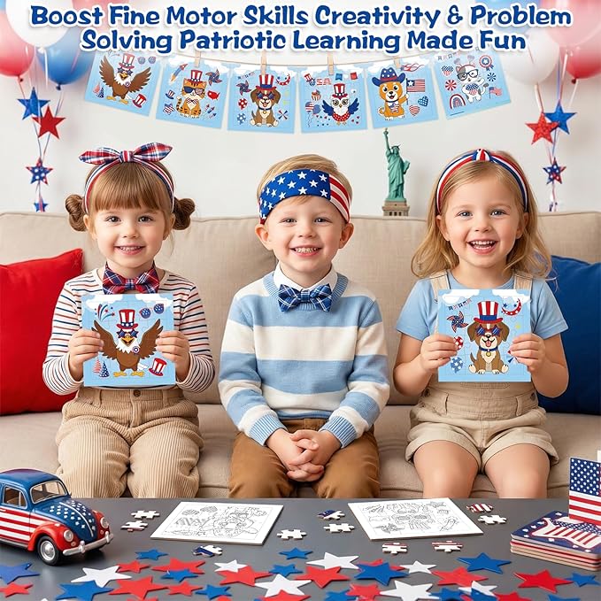 Fennoral 24 Pack 4th of July Craft Kit for Kids Color You Own Cute Animal Patriotic Jigsaw Puzzle with Base DIY Coloring Independence Day Art and Craft for Classroom Activity Party Favor,4.7inch