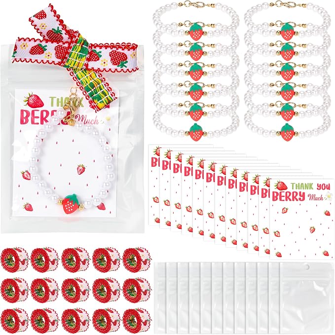 12 Pack Strawberry Party Favors - Red Bracelets with “Thank You Berry Much” Cards, Ribbons & Gift Bags, Strawberry Theme Party Goodie Bag Fillers