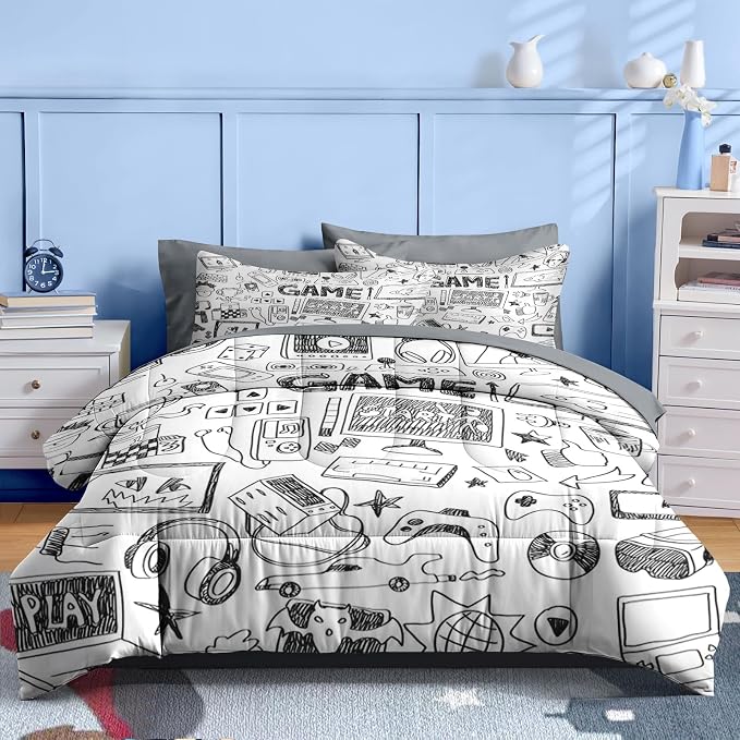 Nesker Comforter Set Twin Size, Computer Games Doodles 5 Pcs Bedding for Kids Teens, Gamer Gaming Black Bedding Set with Pillowcase & Sham