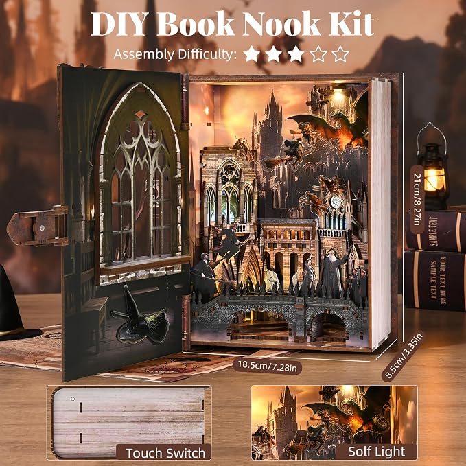 CCCDF Book Nook Kit, DIY Miniature Dollhouse Magic Book for Adults and Teens, 3D Wooden Puzzle Bookends with Sensor Led Light, Gifts for Family, Friends (Introduction to Magical Flight)