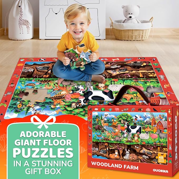 QUOKKA Giant Floor Puzzles for Kids Ages 4-6 – 2x3 Ft Search and Find Jumbo Jigsaw Puzzles for Kids Ages 3-5 – 48 Above and Beyond Farm Animals Scene for 4-8 yo – Toy with Gift Box for Toddlers