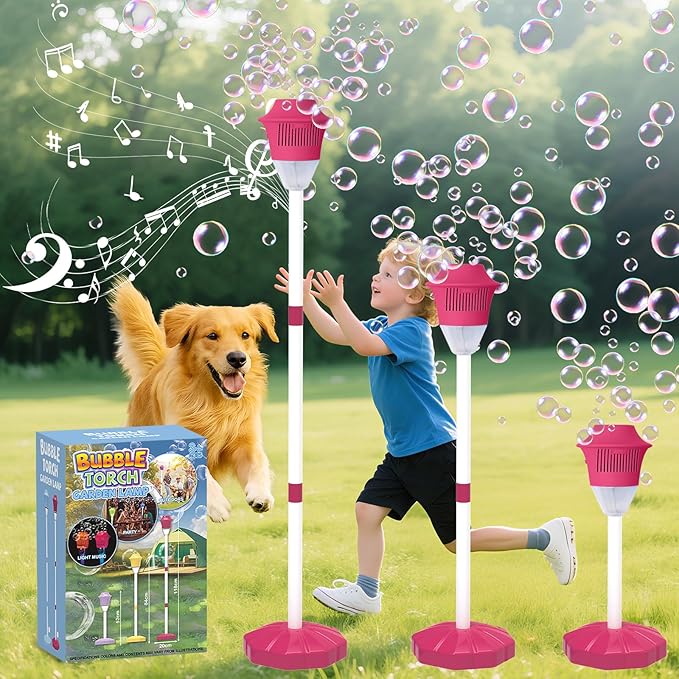Infowush Bubble Machine for Kids, Automatic Standing Bubble Maker Machine Height Adjustable Up to 47 Inches Outdoor Battery Bubble Machine with Light/Music for Toddlers Birthday Party Gifts（Red）
