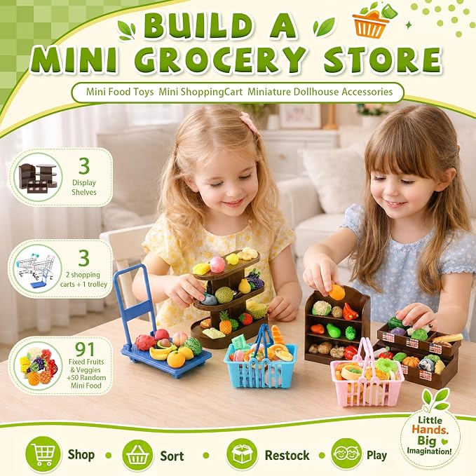 Mini Shopping Cart Basket, Miniature Grocery Toys 3 Supermarket Shelves Play Store 100+ Fruit Vegetable Cake Bread Mini Food Miniature Dollhouse Accessories with Push Cart