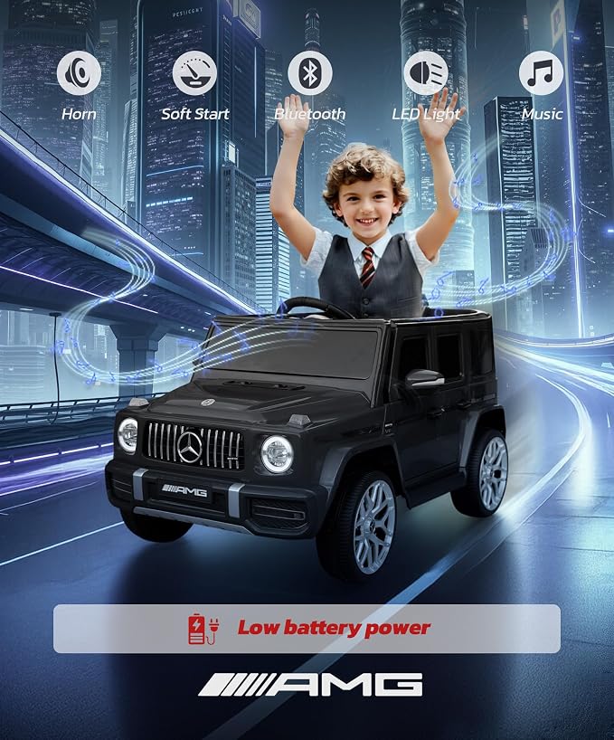 ELEMARA Licensed Mercedes-Benz AMG G63 Ride on Toys,12V Ride on Car with Remote Control,Rechargeable Battery,Flickering Lights/LED Lights, Bluetooth,Music, Soft Start, Low Battery Prompt,Dark Black