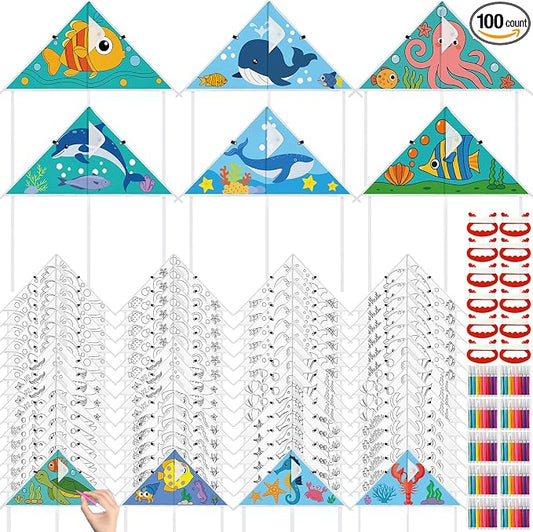Syhood 60 Pcs DIY Coloring Kites Kit for Kids Pre-Printed Cartoon Animal Kites Summer Decorating Making Kit with Watercolor Pens and Strings Handles for Outdoor Game and Activities