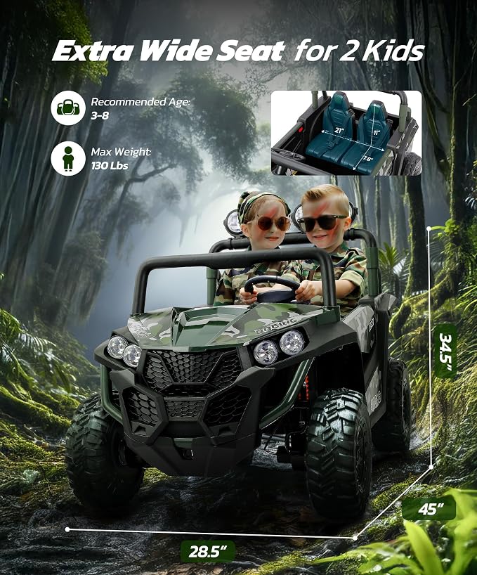 ELEMARA 2 Seater 24V Ride on Toys for Big Kids,XL Ride on Car with Remote Control,Max Capacity 130lbs Battery Powered Kids car,5 Mph Max,4-Wheeler Suspension,Bluetooth,Rainbowlight*4,Camouflage Green