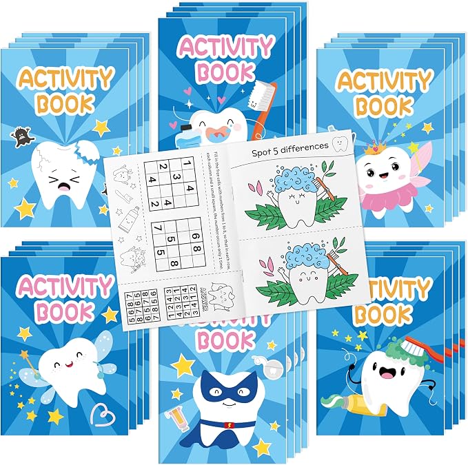 Tooth Activity Books for Kids - 72Pcs Cute Tooth Fairy Mini Games Coloring Book Set Bulk Cartoon Novelty Teeth Themed Mazes Word Search Word Scramble Games for Classroom DIY Art Gifts Party Favors