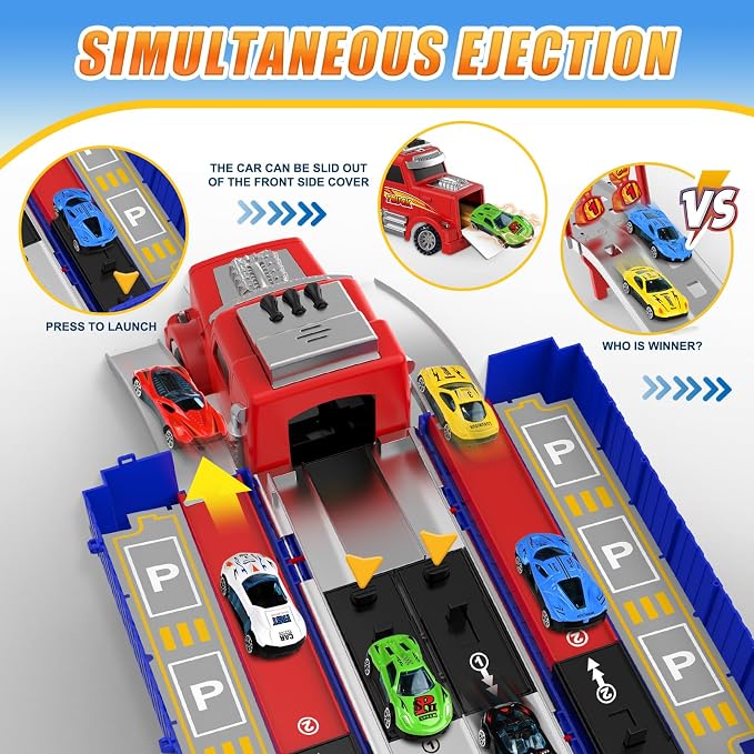 Carrier Truck Race Track Toys, Truck Toys for 3, 4, 5, 6, 7, 8 Years Old Kids, Foldable Transport Truck Toys Car with Lights & Sounds, 6 Metal Cars, Birthday Gifts for Toddler Boys Girls