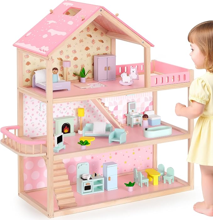 Pillowhale Wooden Dollhouse for Girls 3-Story Open Layout Playhouse with Furniture Accessories Pretend Play Role-Playing Toy Birthday Gift for Kids Ages 3+