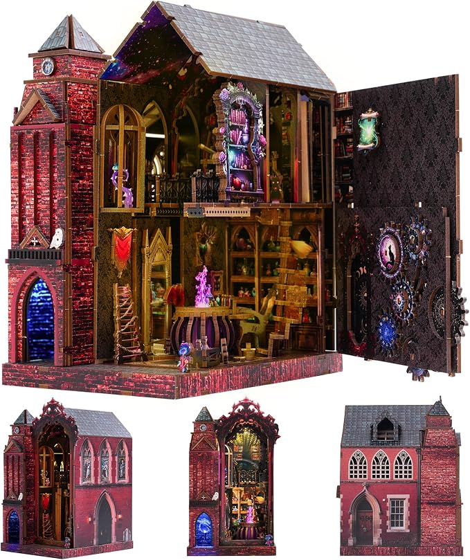 Book Nook Kit, DIY Miniature House Dollhouse Crafts Kit for Adults and Teens, Magic Castle 3D Wooden Puzzle Booknook Build Bookshelf Decor, Gifts for Family and Friends（Arcane Sprire）