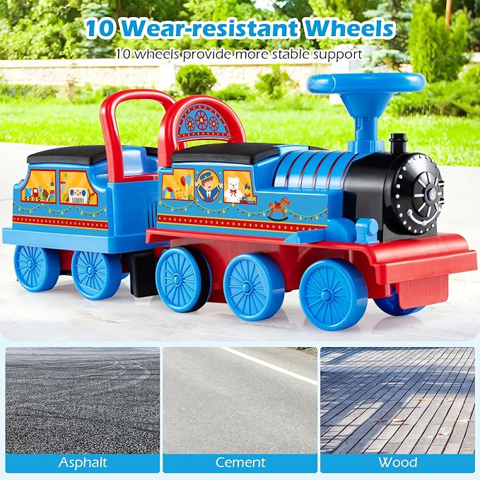 OLAKIDS 6V 2-Seater Ride on Train with Carriage, Storage, Train Whistle, Music, Lights for 18 Months+ (2 Seaters, Circus)