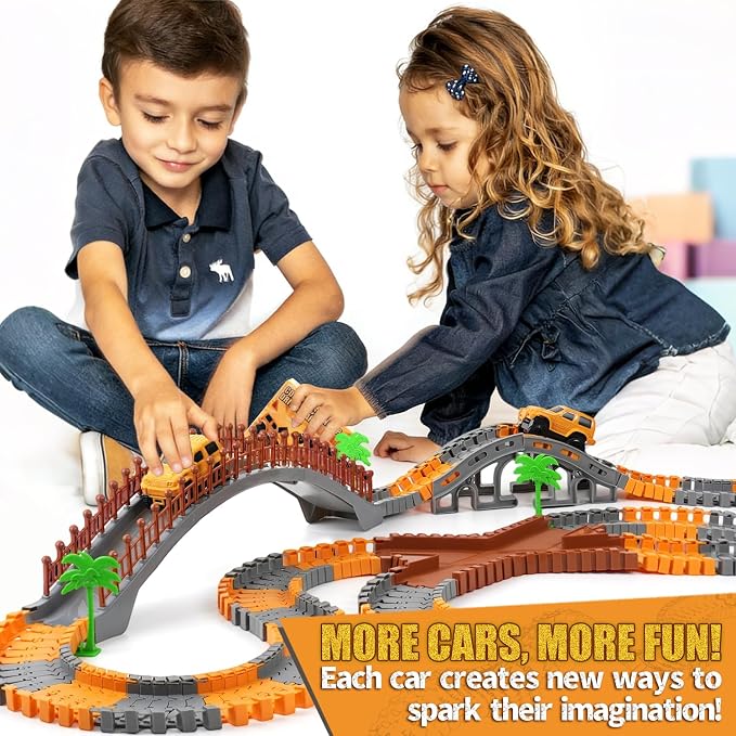 Magickidz Construction Race Car Toy for Kids - Includes 2 Engineering Jeeps, Birthday Gifts for 3 4 5 6 7 Year Old Boys, Compatible with DIY Track Sets & Construction Accessories