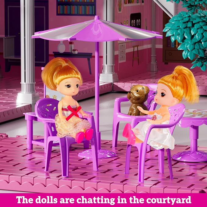 JUKUDAHU Villa Playset for Girls Ages 3-7, 3-Story 8 Room House with 2 Dolls, Furniture and Accessories, Indoor Playset Girls Toys for Ages 6-8, Pretend Toddler Toy, Birthday Gifts for Kids 4-8