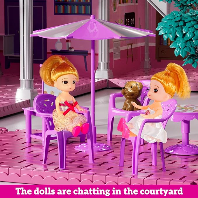 JUKUDAHU Villa Playset for Girls Ages 3-7, Indoor Playset Girls Toys for Ages 6-8 with 4 Storeys 11 Rooms 2 Dolls, Furniture and Accessories, Pretend Toddler Toy, Birthday Gifts for Kids 3 4 5 6 7 8