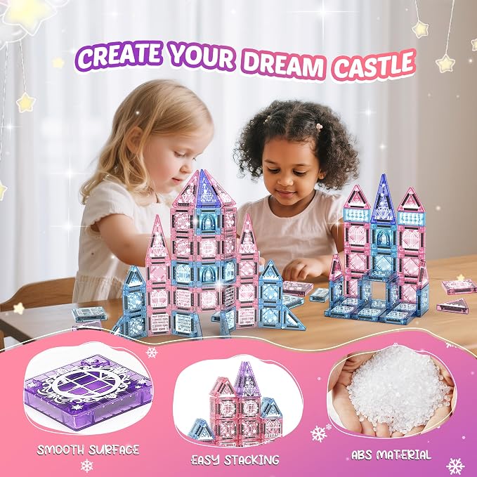 Magnetic Tiles Princess Toys, Princess Castle Travel Magnetic Blocks with Metal Box & 2 Dolls, Mini Magnet Tiles for Girls Pretend Play, Magnet STEM Sensory Gifts for Toddlers 3-5 4-8 8-12 Years Old
