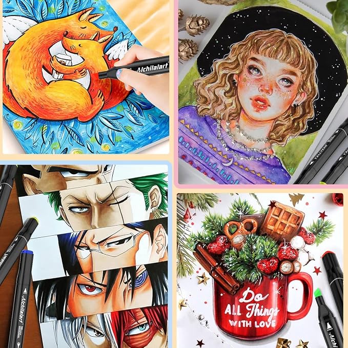 alchilalart 100 Colors Alcohol Markers Set, Dual Tip Art Markers with Case, Premium Artist Pens for Adult Coloring Books, Journaling, Sketching, Manga, Card Making, Gifts for Kids Teens & Women