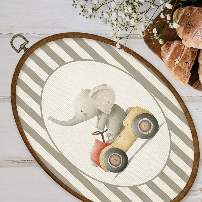 WULQYING Vintage Elephant Nursery Wall Art Decor, Kids Oval Framed Canvas Art Prints, Neutral Striped Elephant Driving Car Wall Hanging Decor for Kids Boy Nursery Room Playroom, 8.5x11.4 Inches