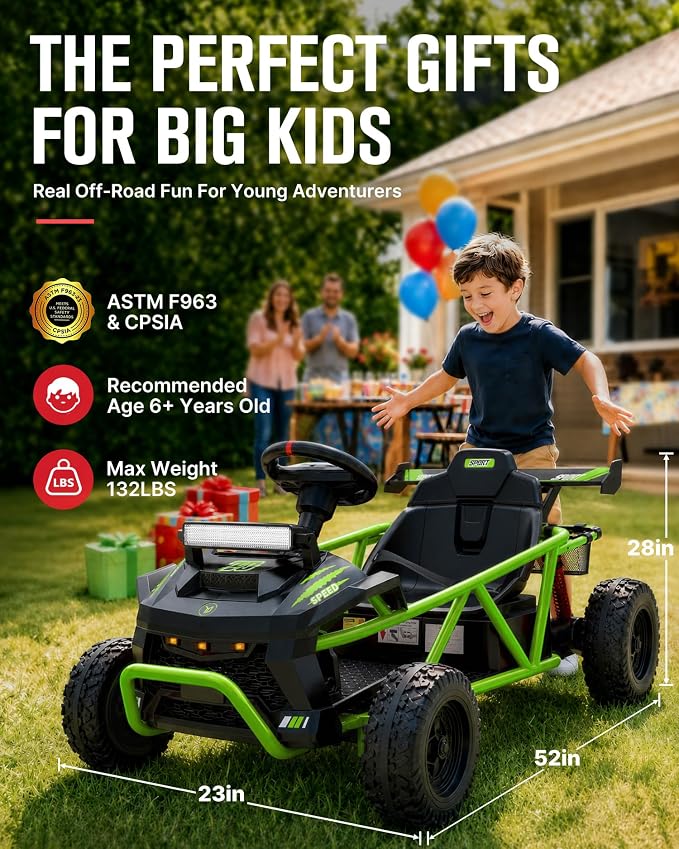First Ride On 36V Kids Off-Road Go Kart, 400W Electric Ride-On Car for Ages 6+, Up to 9.3 MPH, EVA Tires, Metal Frame, Hall Throttle, Electronic Brake, Adjustable Seat, Bluetooth (Green)