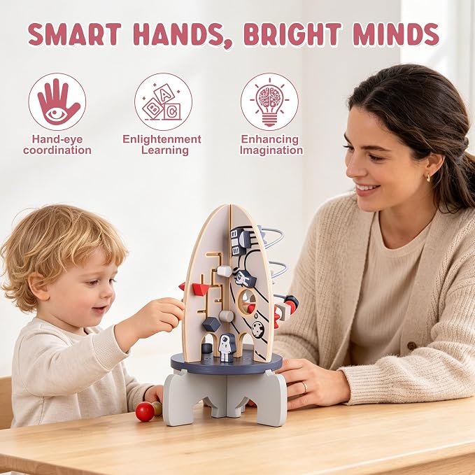 Wdmiya Space Wooden Activity Cube Toys for Baby, Montessoritoys for 1 Year Old Boy & Girl Birthday Gifts, Sensory and Educational 1st Birthday Gifts, Busy Board Toys for Baby Boy 6-18 Months (Rocket)