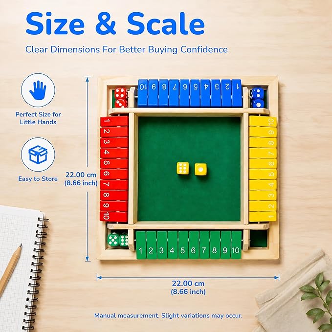 Shut The Box Game, Wooden Number Flip Board Dice Tabletop Toys for 2-4 Player, Math Educational Learning Tools for Kids and Adults, Classic Pub Family Game Night Party Activity, Camping