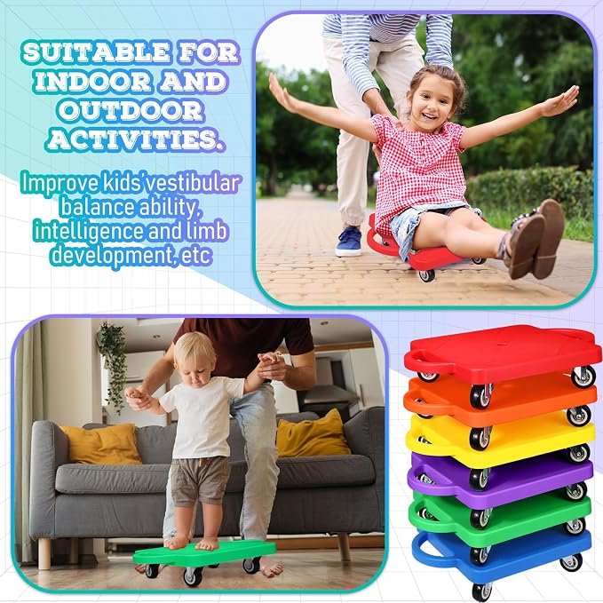 Jerify 6 Pcs Sports Scooter Board Bulk for Kids Gym Scooters Board with Handles Plastic Casters Sitting Flat for Children Gym Indoor Outdoor Activities Play Equipment (Round Handle Mixed Color)