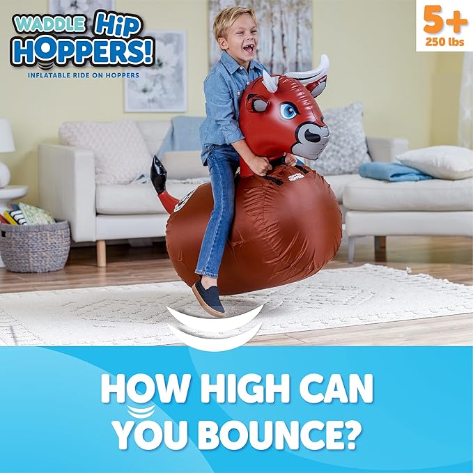 Waddle Hip Hoppers Bouncy Hopper Inflatable Hopping Animal Bouncer, Supports Up to 250 Pounds, Ages 5 and Up (Brown Bull)