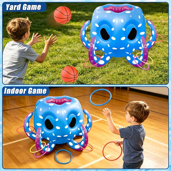 Octopus Pool Toys for Kids Ages 4-8, 8-12, 2-in-1 Inflatable Pool Floats Basketball Hoop & Ring Toss Swimming Pool Games, Summer Outdoor Water Games Beach Party Gift for Boys Girls Family