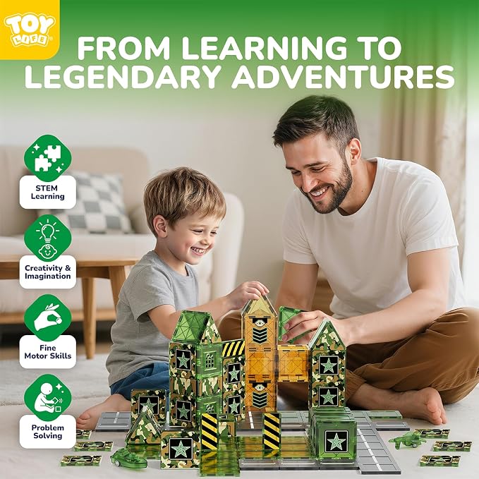 TOY Life 58PCS Magnetic Tiles Military, Army Toys Building Set for Kids Ages 4-8, STEM Magnetic Building Blocks for Toddler 3-5, Educational Magnet Tile Army Men Base Set for Boys & Girls Ages 3+