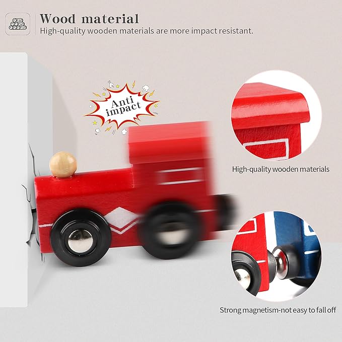12 PCS Wooden Train Cars, Train Toys Magnetic Set Includes 3 Engines and Storage Bag, Toy Train Sets for Kids Toddler Boys and Girls, Compatible with Major Brands Train Tracks Set