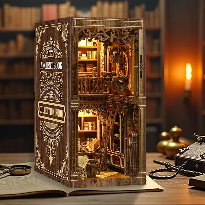 Book Nook Kit for Adult Miniature Model Build Dollhouse Kit 3D Wooden Puzzle with Sensor Led Light for Bookshelf Bookend Decor Adults Teen Craft(Classical Book Collection Room), 1Pack