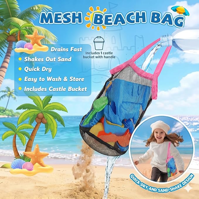SupMLC Beach Toys, 27 Pcs Sandbox Toys for Kids, Sand Castle Building Kit, Sand Buckets, Collapsible Mesh Bag, Shovels, Dinosaur Molds – Travel Sand Toys for Boys Girls Age 3-10 Beach Accessories