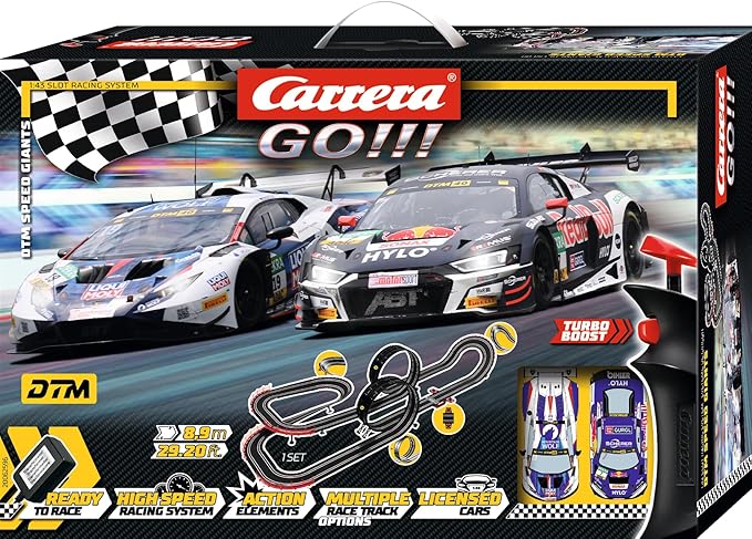 Carrera GO DTM Speed Giants Slot Car Race Track Set – Loop Racing | Electric slot car track, DTM racing toy for kids 6+, features loops, banked curves, flyover and lap counter, ~29-ft track