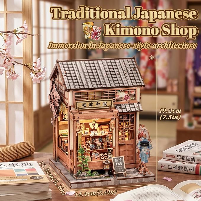 Cutefun Book Nook Kit - DIY Miniature Dollhouse Kit for Adults, Teens and Beginners, Japanese Sakura Tiny House Bookshelf Decor 3D Wooden Puzzles, Gifts for Friends & Family (Sakura Kimono Shop)