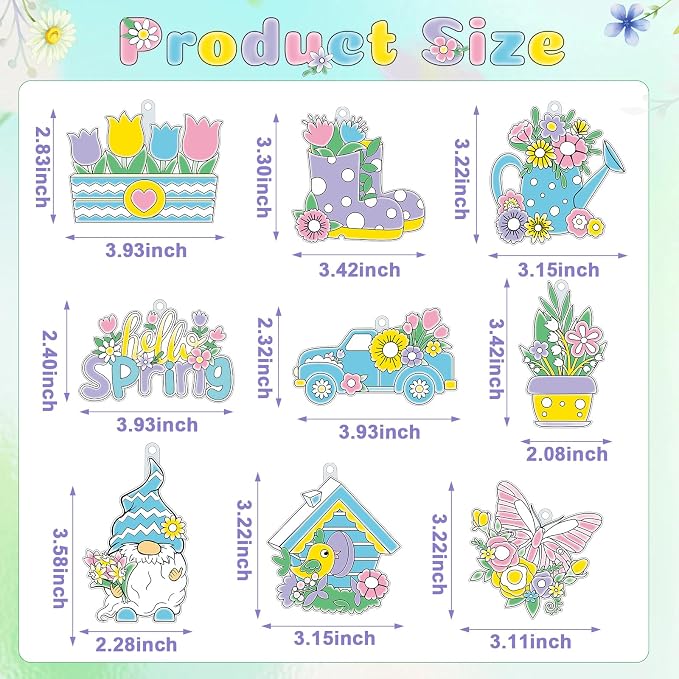 Pasimy 36 Sets Spring Crafts Kits Bulk Spring Suncatchers DIY Paint Your Own Flower Butterfly Gnome Bird Hanging Ornaments Pastel Watercolor Arts Gifts for Classroom Activities Project Window Decor