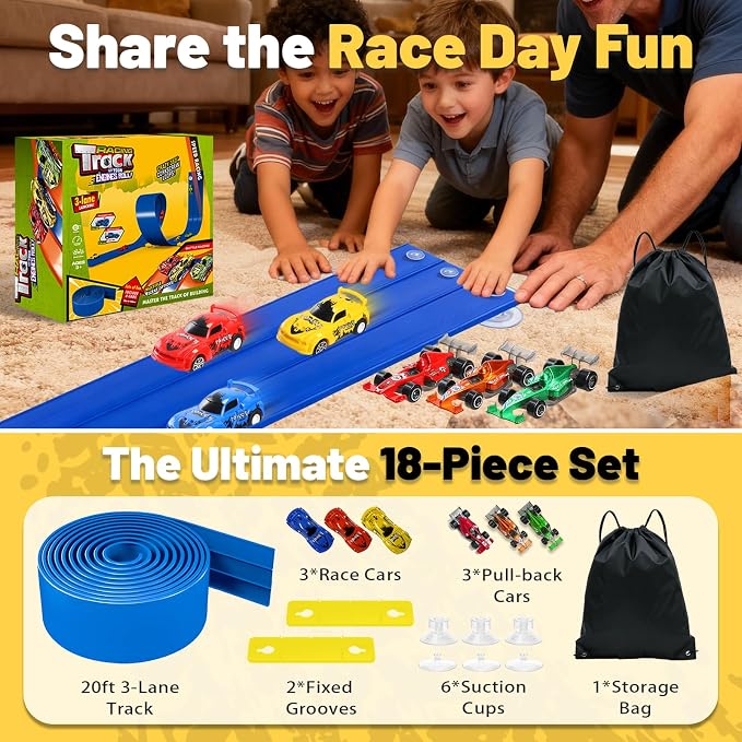 3-Lane Flexible Race Track for Kids - 20FT Flex Race Car Ramp Track with Strong Suction Cups, Rolls Up Portable DIY Racetrack Compatible with Hot Wheels & Diecast 1/64th Cars