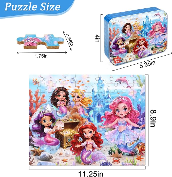 MZZOTOY Mermaid Princess Puzzle for Kids Ages 4-8, 100 Pieces Jigsaw Puzzles for Kids Ages 3-5， Learning Educational Puzzles Toys Great Gift for Boys Girls in a Metal Box