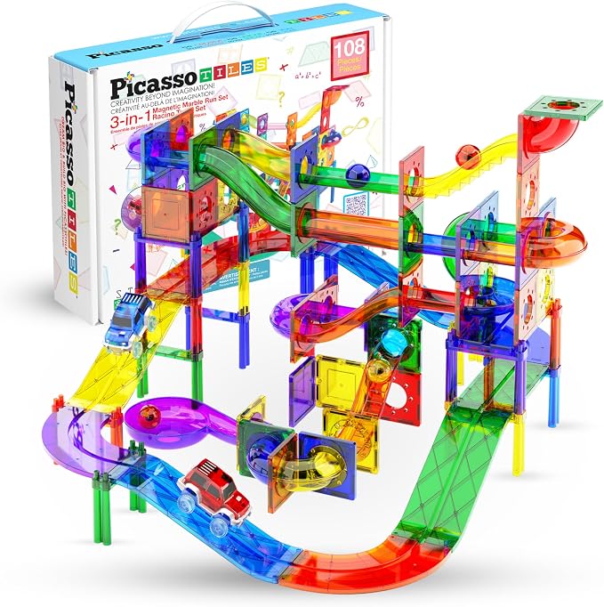 PicassoTiles 108 Pcs Marble Run with Race Track Set with Magnetic Tiles Cars and Marbles STEM Learning Toy 3-in-1 Building Construction Kit for Indoor Activity Development Boys & Girls Ages 3+ PTG108