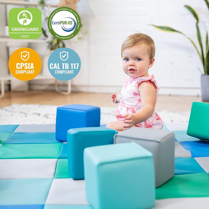 ECR4Kids SoftZone Patchwork Activity Mat and Toddler Blocks, Soft Playset, Contemporary, 13-Piece