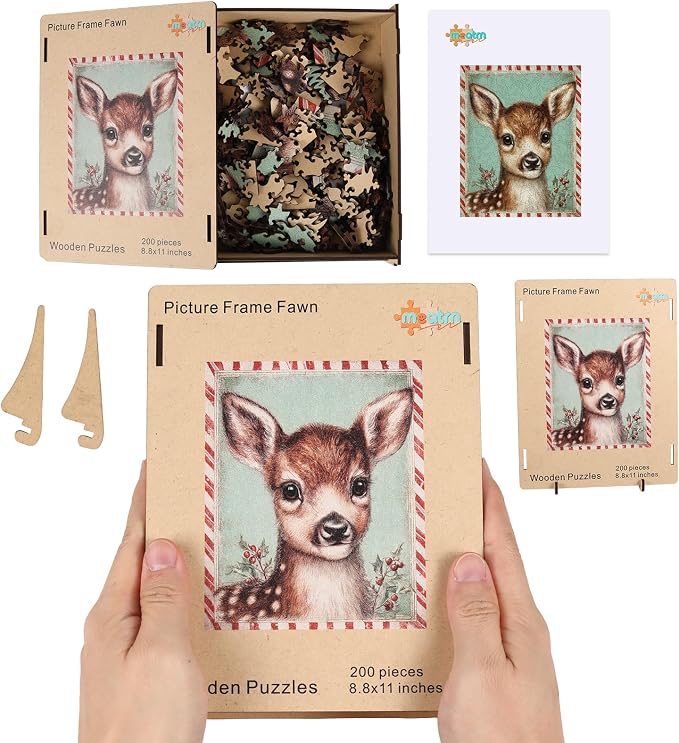 MEATRN Puzzles for Adults & Kids - Christmas Fawn Holiday Wooden Jigsaw Puzzle with Storage Box, 200 Pcs, 8.5"×11", Best Gift for Friends, Festive Family Game Night & Home Decor