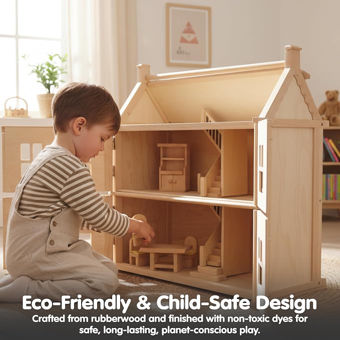 PlanToys® Dining Room Classic Set | Montessori Small World and Family Role Play | Eco Friendly Wooden Dining Room Furniture for Imaginative Play