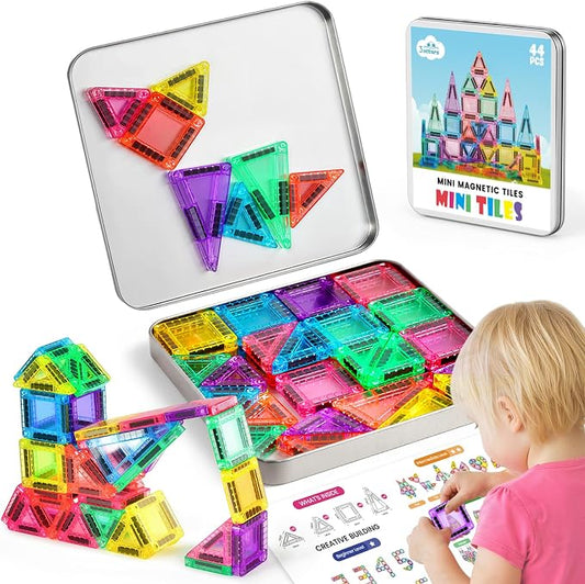 3 otters Travel Magnetic Tiles with Case, 44PCS Mini STEM Toys Travel Magnetic Building Blocks for Kids Birthday Party Gift Classroom Prize