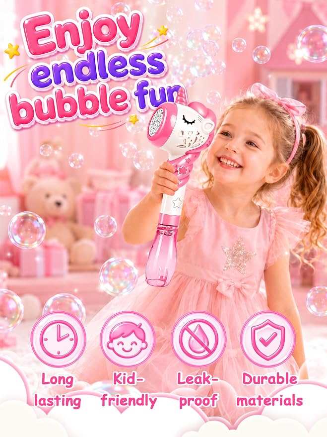 Unicorn Bubble Machine Wand Gifts for Kids Toddlers Age 1 2 3 4 5 6 7 8 Years Old Birthday Party Unique Cute Baby Outdoor Outside Summer Toy Easter Day Game for Little Girl Boy Include Solution Pink