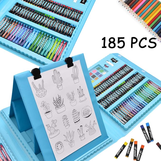 Sunnyglade 185 Pieces Double Sided Trifold Easel Art Set, Drawing Art Box with Oil Pastels, Crayons, Colored Pencils, Markers, Paint Brush, Watercolor Cakes, Sketch Pad (Blue)