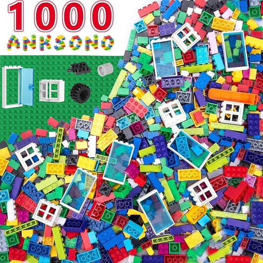 1000 Pieces Building Bricks, Classic Building Bulk Blocks for Kids with 12pcs Wheels Accessories, Windows, Doors, 2 Packs Studs Sticky Plate, Compatible with All Major Brands, Gfits for Kids